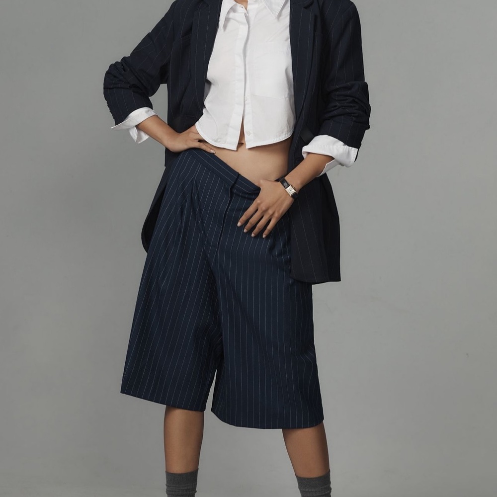 Anthropologie Navy Pinstripe Wide-Leg Bermuda Shorts